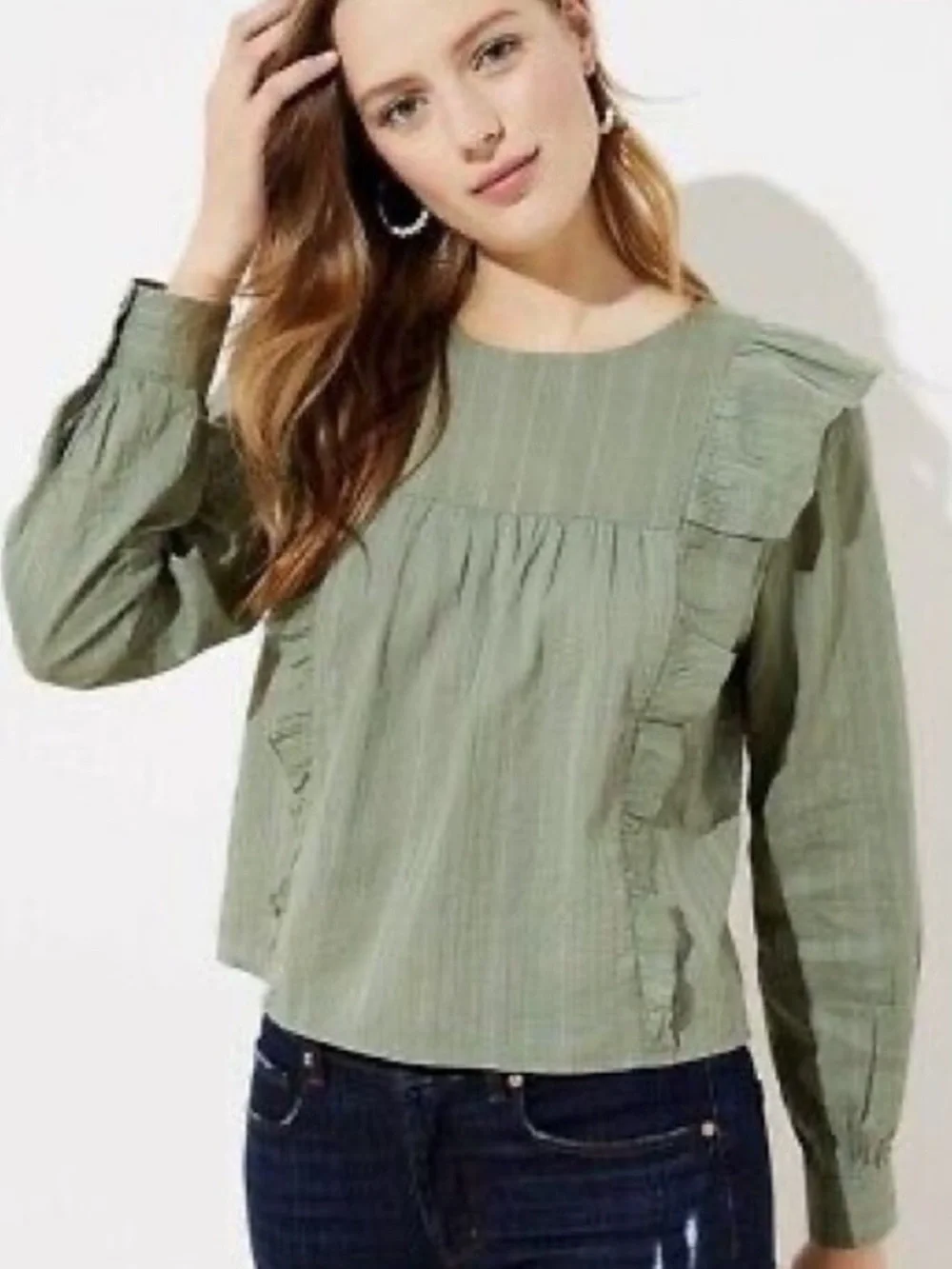 LOFT Ruffle Cropped Yoke Long-Sleeve Blouse in Sage Green SP